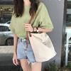Korean Style Simple Canvas Bucket Bag Synthetic Leather Adjustable Straps Sling Bag For Women Simple Studen Christmas Gift