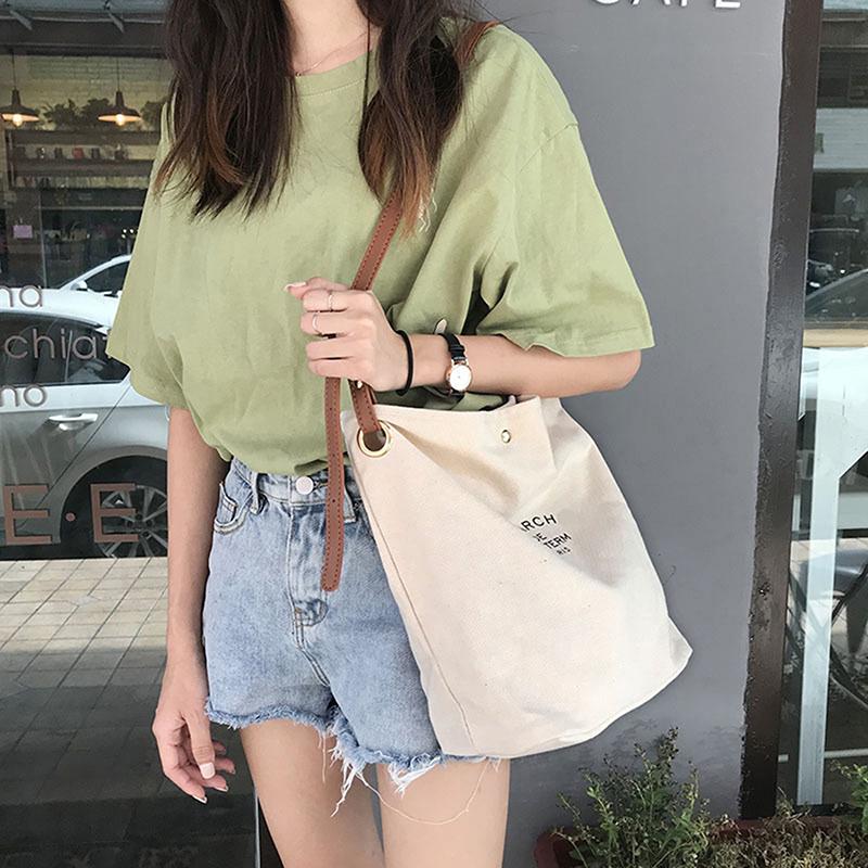 Korean Style Simple Canvas Bucket Bag Synthetic Leather Adjustable Straps Sling Bag For Women Simple Studen Christmas Gift