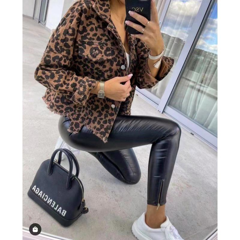 Women's Spring and Autumn Denim Jacket Leopard Print Long Sleeve Short Loose Casual Jacket