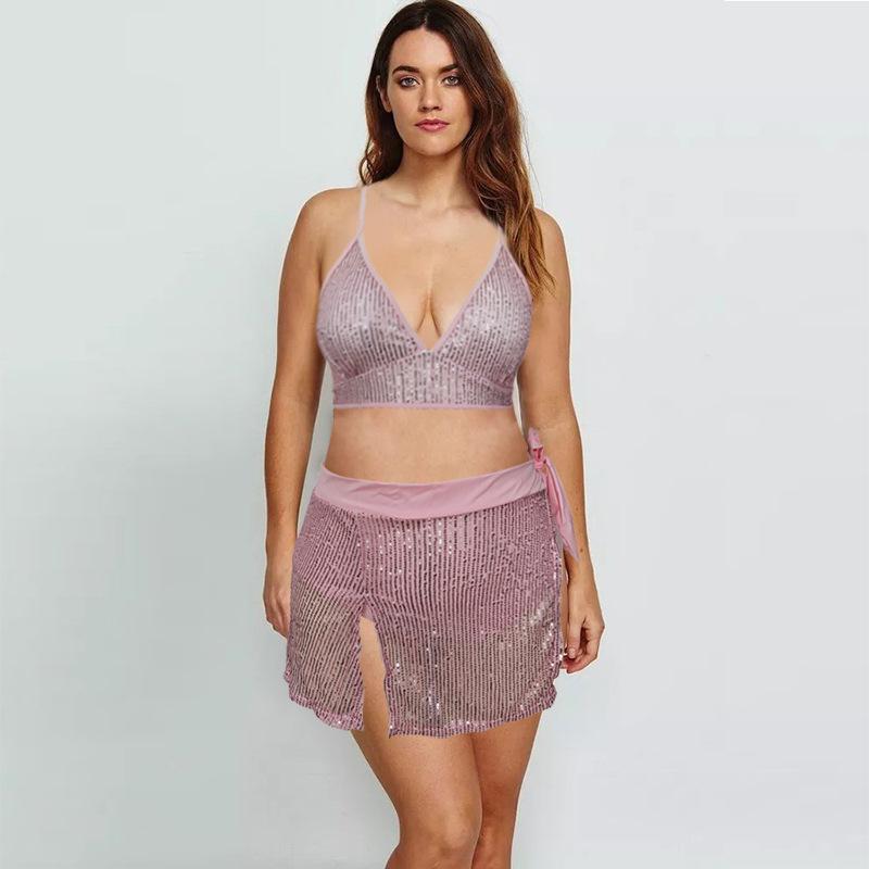 New swimsuit women's swimsuit solid color halter three-piece bikini print sexy women's bikini