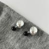 Black and silver contrasting geometric black agate double ball metal ball earrings S925 silver needle two stud earrings