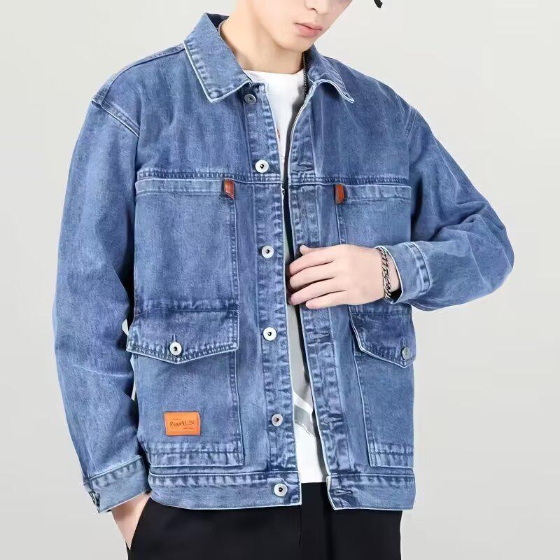 Veste en jean rétro pour homme - Streetwear décontracté Printemps/Automne, Col rabattu polyvalent, Style workwear élégant.