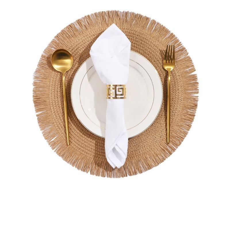 Woven Rattan Round Placemat Fringe Edge Heat Insulation Non-slip for Home Restaurant Coffee Table Mat Decor