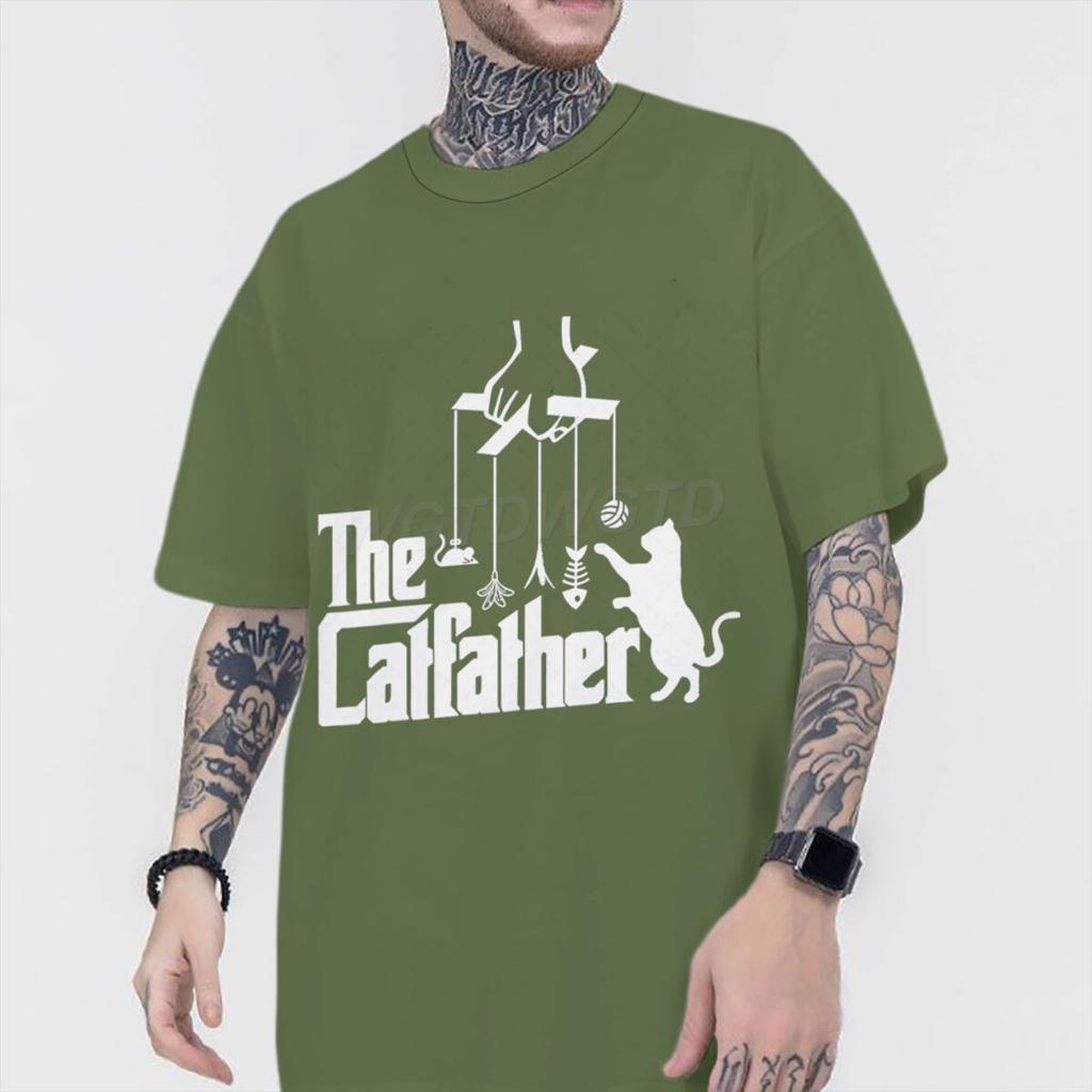 Vintage The Catfather Print T Shirt Men Fun Animal Cat Streetwear Short Sleeve Crewneck 100 Cotton Tshirts Fashion Kitten Tees