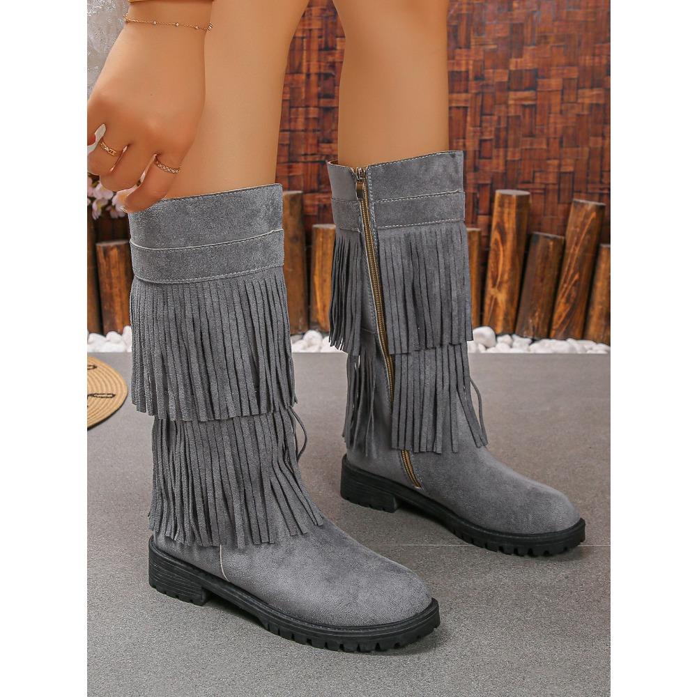 Dámské semišové boty s dvojitým třásněm, kotníkové boty na robustním středním podpatku se zipem na boku a kulatou špičkou, široké lýtko, nadměrné velikosti, dlouhé boty na podzim/zimu