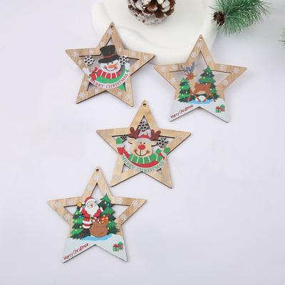 1/4Pcs Christmas Ornament Wooden Star-Shaped Pendant Set with Reindeer Santa Snowman Elk Patterns Hanging Decoration