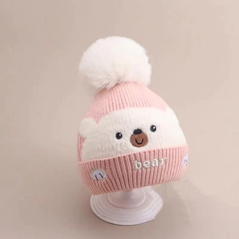 Niedliche Plüschkugel Baby Wollmütze Cartoon Bär Kinder Ohrenschutz Mütze 0-2 Jahre Kinder Winter Warme Überziehmütze Gestrickte Beanies
