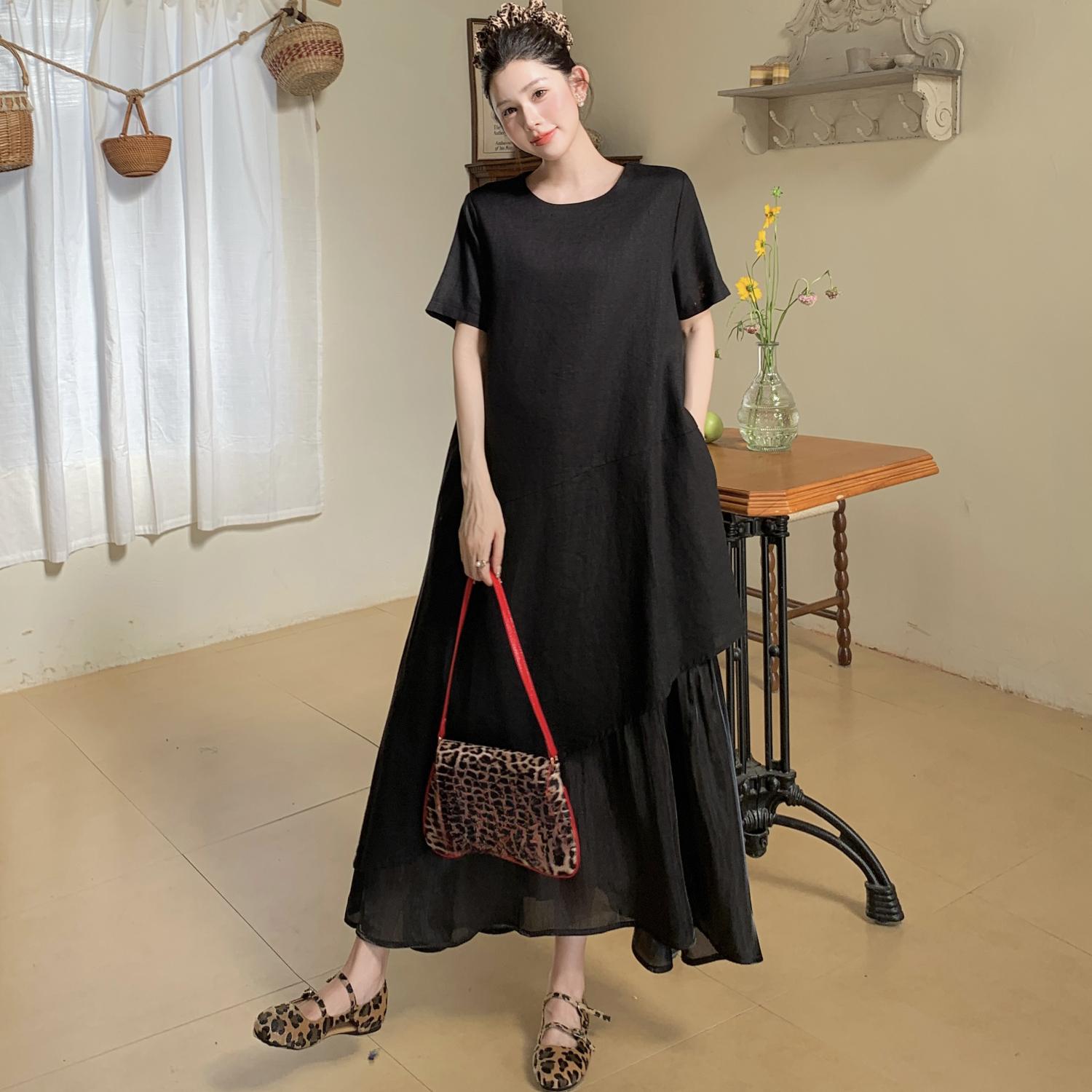 

DIMANAF 2025 Summer Plus Size Dress Women Vintage Dress Basic Long Elegant Loose Casual Linen Solid Spliced Dress 3XL чорний