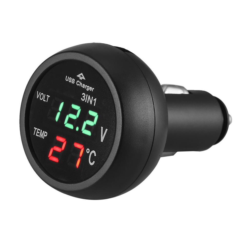 3 in 1 12/24V Auto LED Digital Voltmeter Messgerät Thermometer USB Ladegerät Monitoranzeige Laden für Telefon Tablet GPS