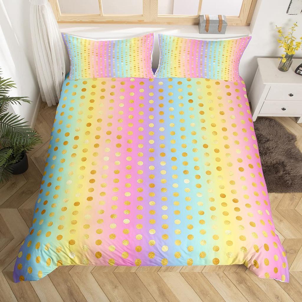 Colorful Dots Bedding Set Geometry Comforter Cover Set for Girls,Pink Yellow Green Red Purple Circle Print Duvet Cover Polyester