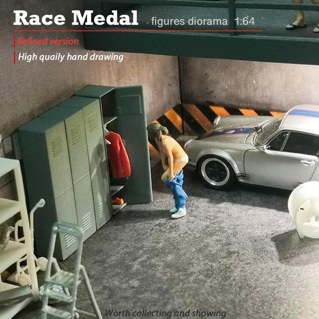 1:64 Scale Car Model Garage Figure Scenario Models for Race Medal People Old Man Locker