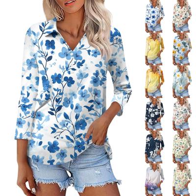 Women's Fashion Casual Button-up Seven-quarter Sleeve Floral Print Lapel Top