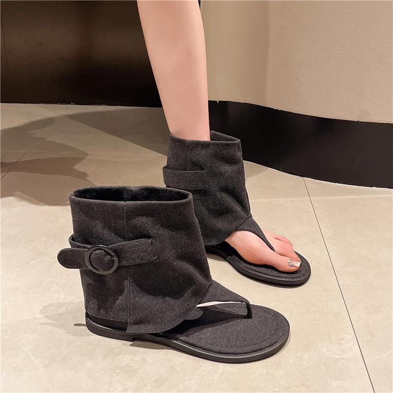 2025 New Summer Street Denim Western Boots Clip Toe Flat Bag with Herringbone Sandals Women Daily Commute Sandalias De Mujer
