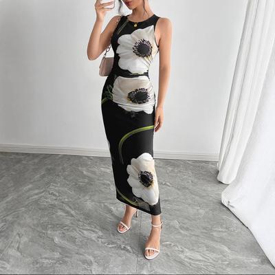 Spring Summer Women's Black Mesh Printed Sleeveless Long Dresses