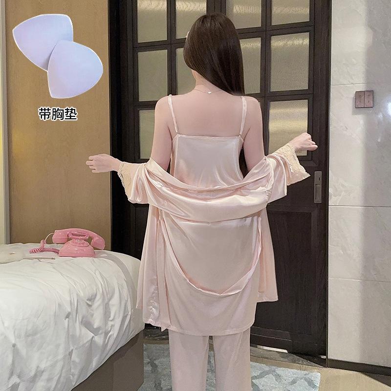 Summer new home wear ice and snow silk three-piece set, sweet fashion, sexy V-neck camisole pants for women