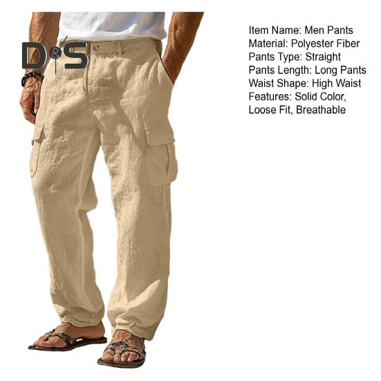 Men's Casual Straight Trousers Solid Color Streetwear Pants Loose Fit Beach Style Pants with Multiple Pockets for Fitness Travel Daily Wear