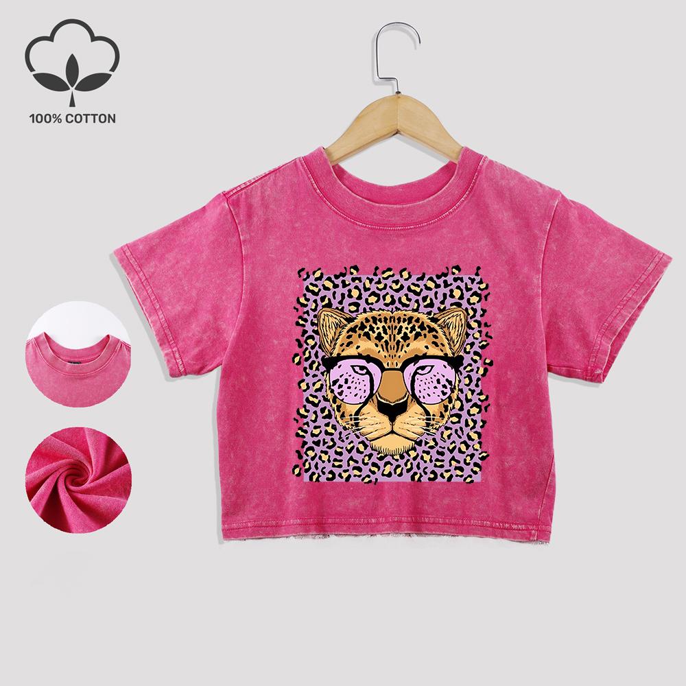 Cartoons Leopard Printed Cotton Washed T-Shirt Trend Summer Lace Hem Crop Tees O-Neck Regular Fit Tops Casual Female Clothes