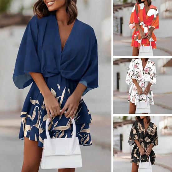 V-Neck Batwing Half Sleeve Layer Ruffle Hem Mini Dress Summer Casual Waist Drawstring Leaves Print Mini Dress Female Clothes