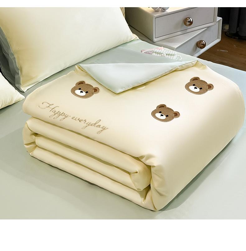 Summer Embroidery Silky Quilt Set – 4-Piece Bedding for Single/Double, Includes Bare Sleep & Air Conditioning Quilts