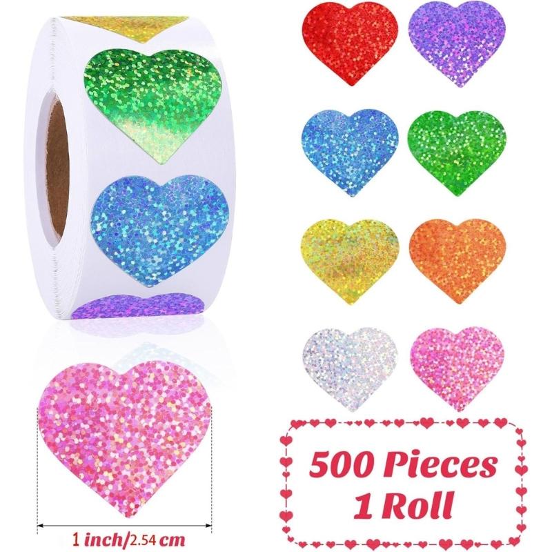 500Counts Sparkling Heart Sticker 25mm Self Adhesive Wrapping Labels for Seal Envelopes Card Wedding Valentines Suuplies