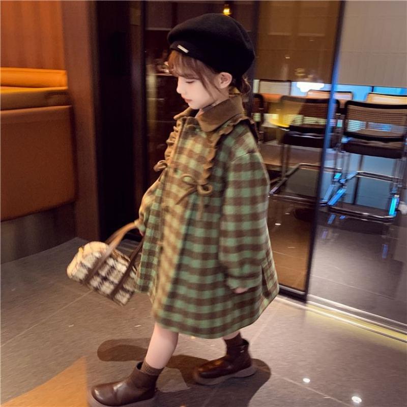 Girls' Vintage Woolen Coat, Autumn and Winter Children's Loose Checkered Princess Cotton-padded Woolen Overcoat