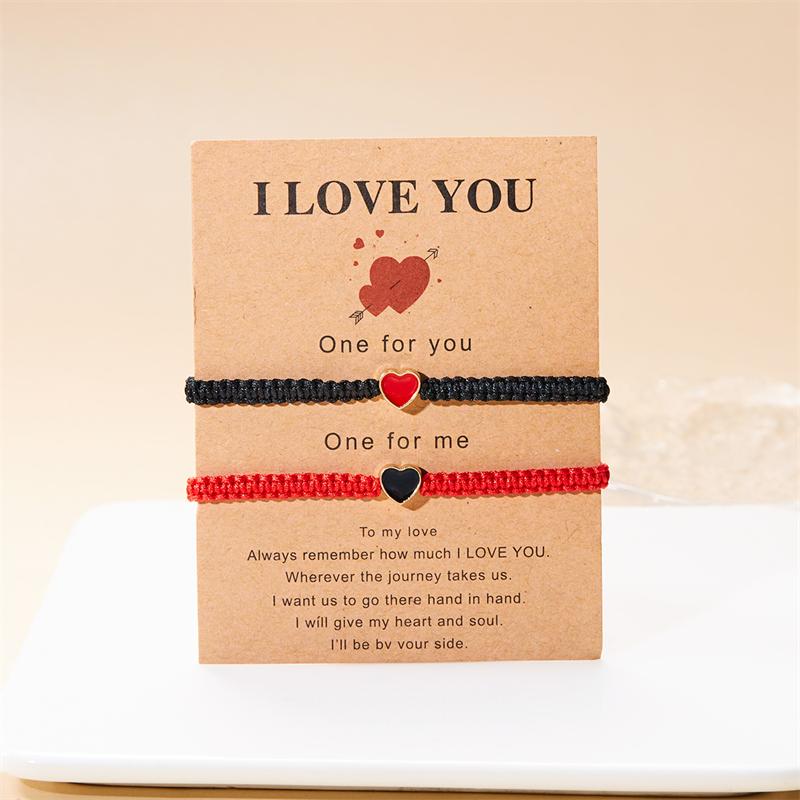 2Pcs Love Heart Beaded Couple Bracelet for Women Men Lucky Red Black Braided Rope Matching Bracelet Friendship Charm Jewelry