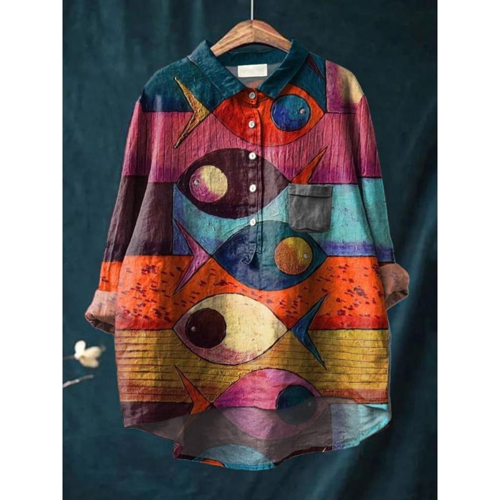 Ladies' Casual Loose Fit Floral Printed Button Up Shirt -Fish School Pattern