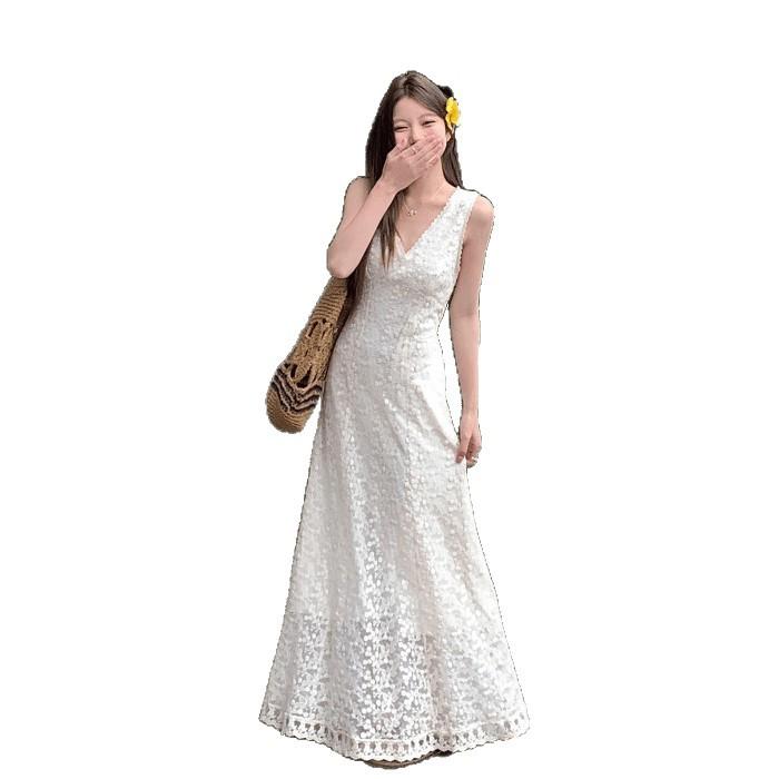 V-neck heavy industry lace crochet vest dress women's summer new waist and thin A-shaped long dress