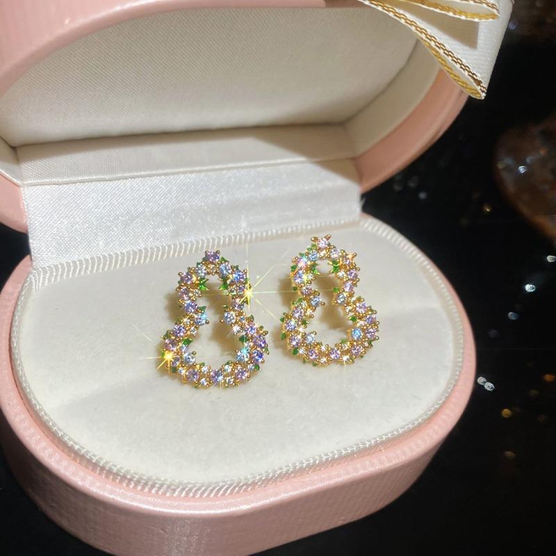 K real gold electroplated silver needle zircon gourd hollow stud earrings brooch set light luxury high-end exquisite jewelry women