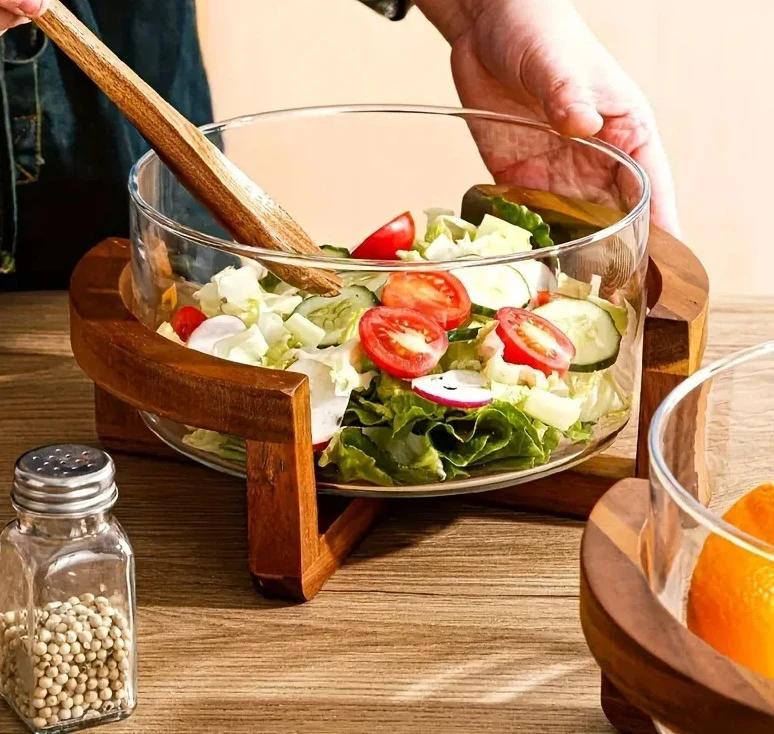 Elegancki Szklany Zestaw Mis na Sałatę z Drewnianą Podstawą Lekki Luksusowy Kosz na Owoce do Domu Restauracji Stylowa Szklana Taca na Przekąski