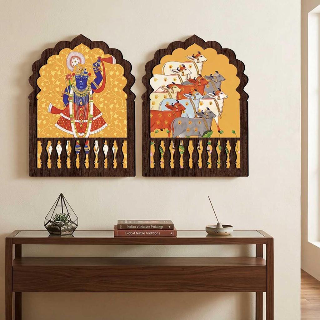 harokha Wall Decor Set of 2 | Traditional Indian Jharokha with Lord Krishna & Sacred Cow Artwork | Rajasthani Ethnic Decorative Wall Hanging