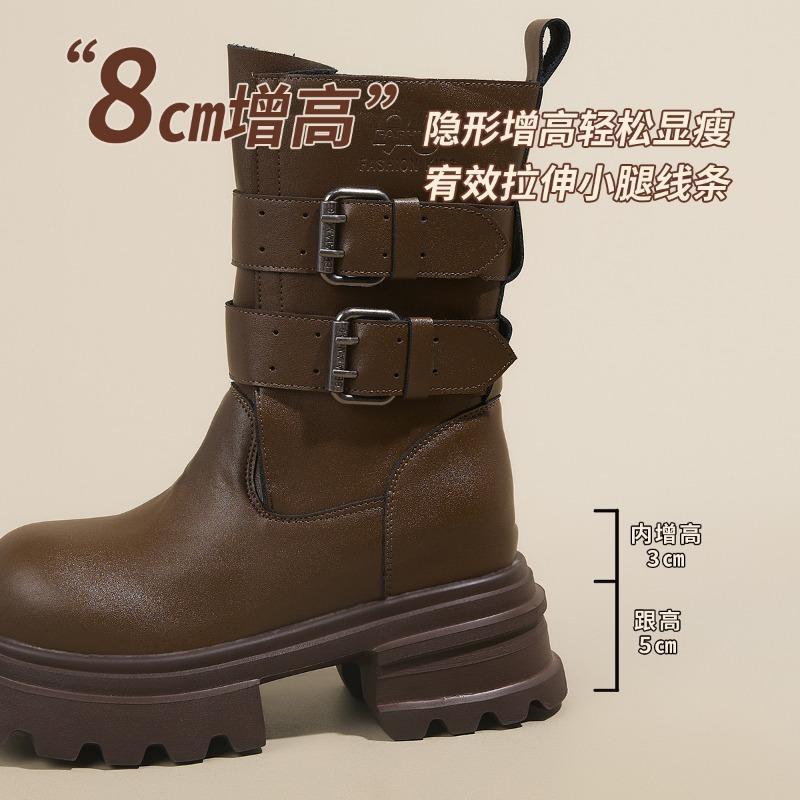Cowhide platform Martin boots women's autumn new thick heel short boots belt buckle medium tube knight boots