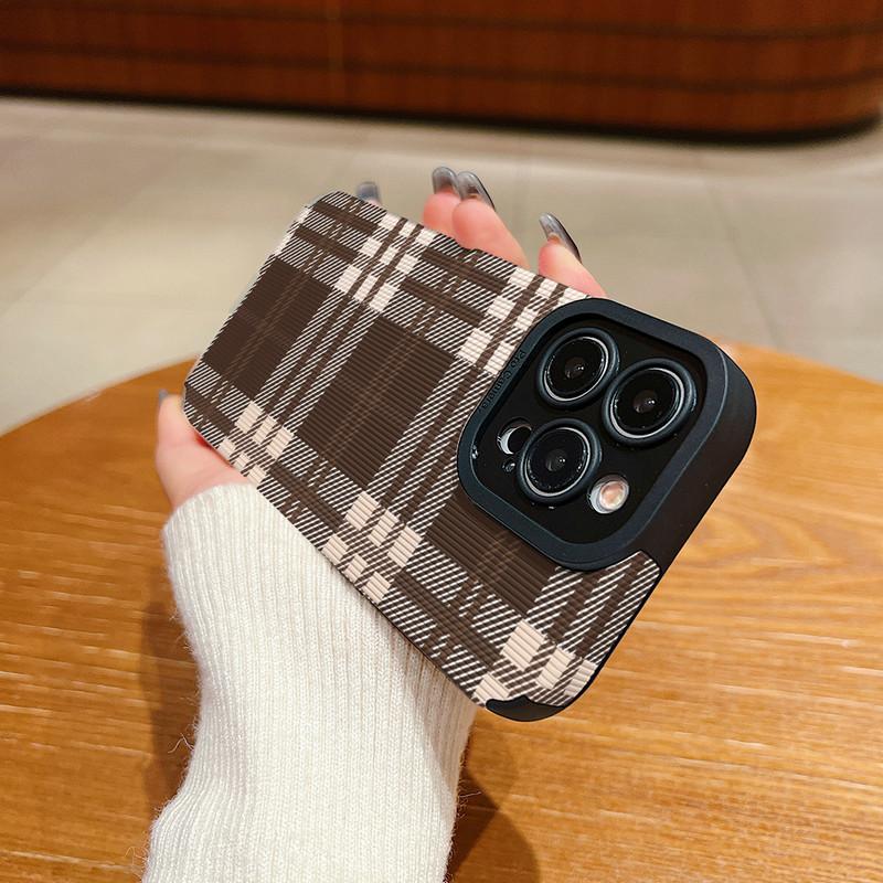 Vertical Grain Leather Shell Fashion Grid Printed Cover Patterned Soft Silicone Case with Camera Lens Full Protection for iPhone
