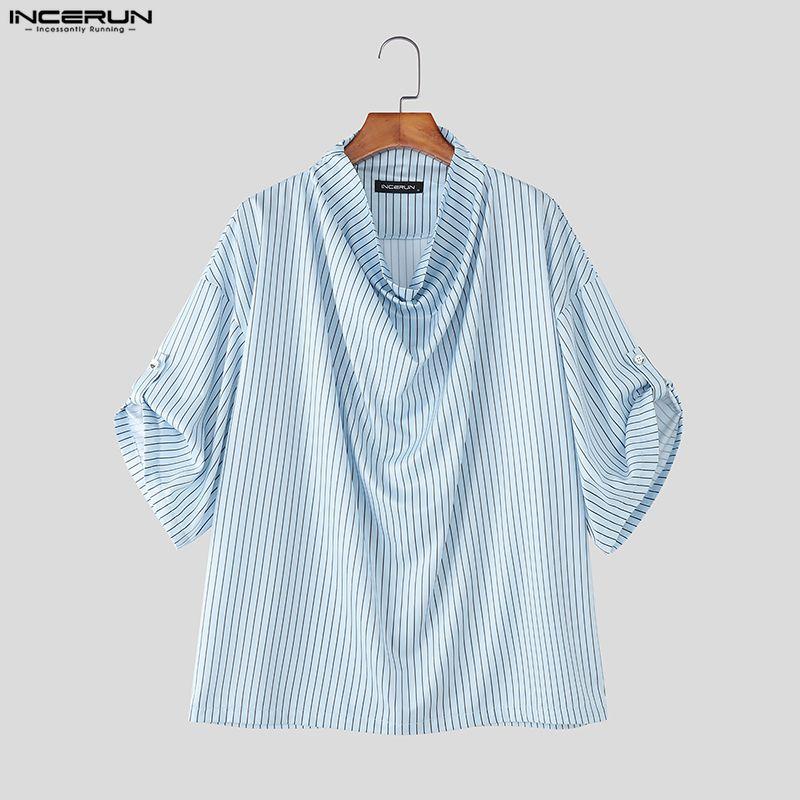 INCERUN Oversized Men Swing Collar Half Sleeve Striped Casual Loose Shirts