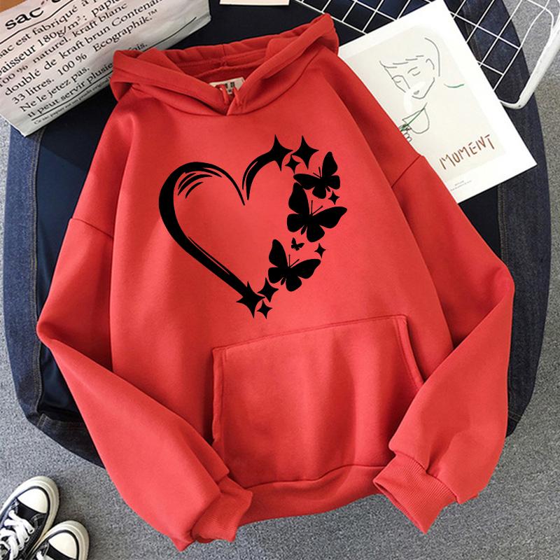 Combination of Love and Butterfly Pattern Long Sleeve Hoodies Women's Trendy Pocket Sweatshirt Vintage Y2k Hooded Clothing