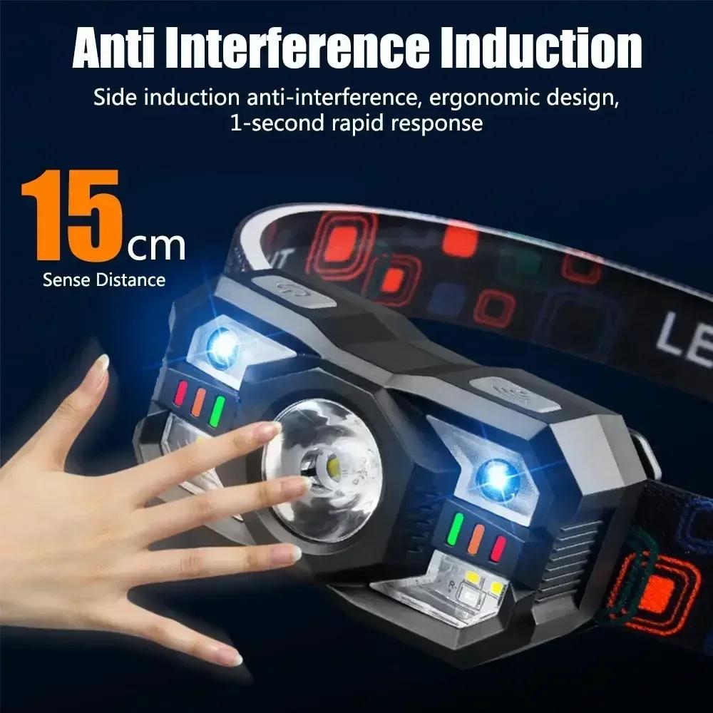 Lanterna frontală LED luminoasă, reîncărcabilă, cu lumină roșie, impermeabilă, cu senzor de mișcare, lampă de cap pentru camping, lumină pentru alergat