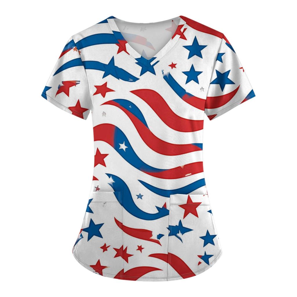 Damenmode V-Ausschnitt Kurzarm Overalls mit Taschen Unabhängigkeitstag Bedruckte Oberteile Kleidung