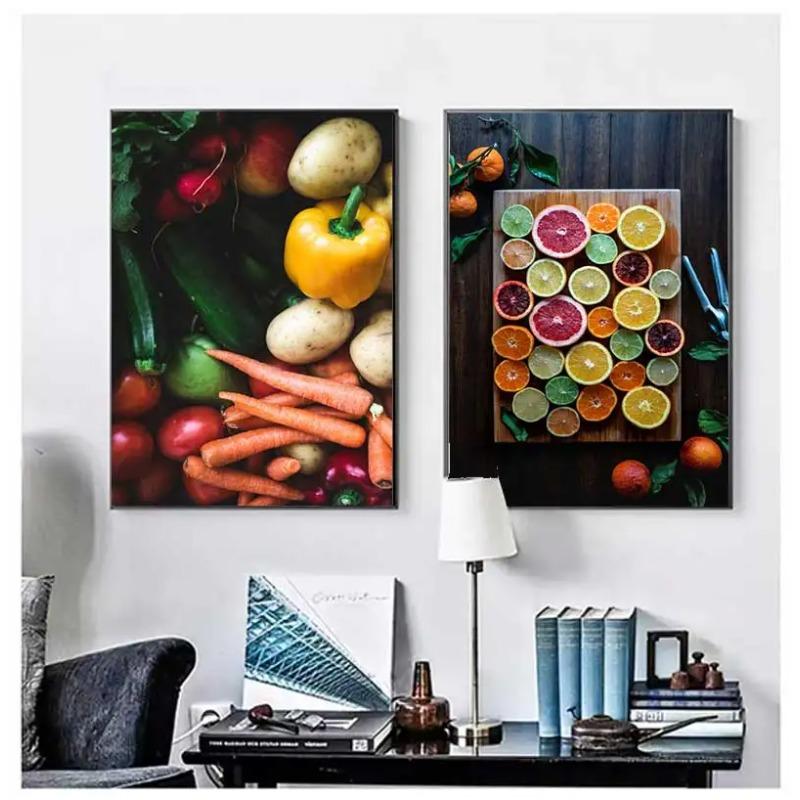 Nordic Wall Art Canvas Painting Colorful Fresh Vegetable Fruits Posters for Kitchen Decor Orange Lemon Picture for Restaurant