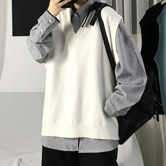 Men Sweater V Neck Solid Color Sleeveless All Match Spring Sweater for School