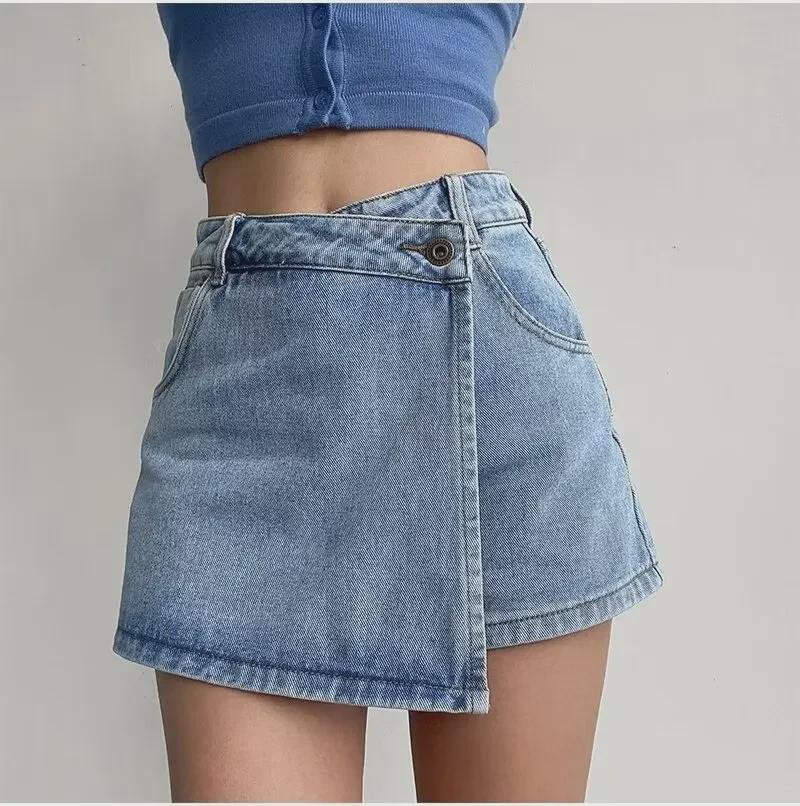 Women's Retro High-Waist A-Line Denim Skirt - Large, Summer, Oblique Buckle, Anti-Exposure.