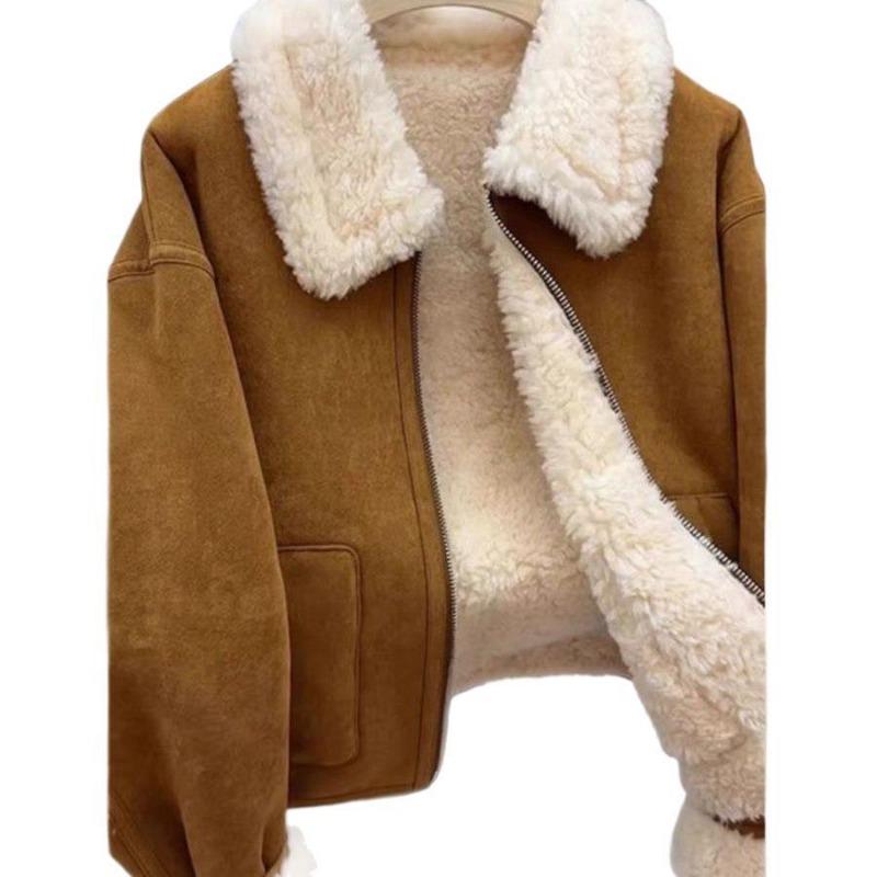 Lapel fur integrated coat women's autumn and winter new warm thickened imitation lamb wool deerskin fleece fur top