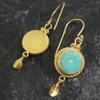 Vintage Round Inlaid Green Stone Earrings Ancient National Style  Gold Color Hand Carved Patterns Hook Dangle Earrings