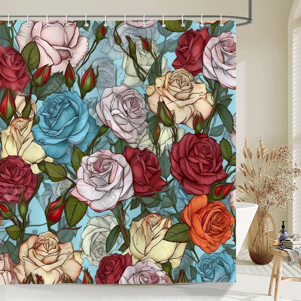 1 pack of print shower curtains polyester fabric beautiful flowers bathroom curtain with hooks home decoration curtain