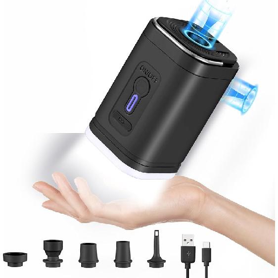 Electric Air Pump for Inflatables, Portable Mini Vacuum Pump with 5 Nozzles and 3 Camping Light for Sleep Pads, Blow Up Pool Raft Bed Boat Toys,