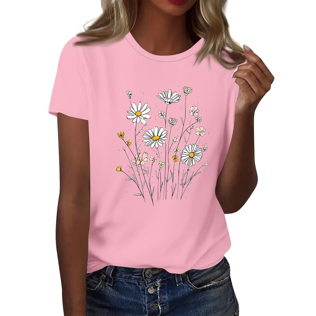 Women's Fashion Casual Printed Round Neck Short Sleeved T-Shirt Top T-Shirt Top Top