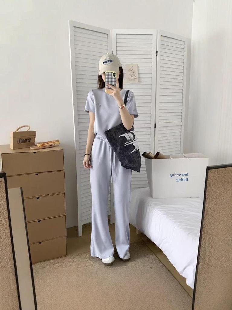 Korean Style Embroidered T-shirt & Wide-Leg Pants Two-Piece Set - Women's Summer Fashion Sportswear