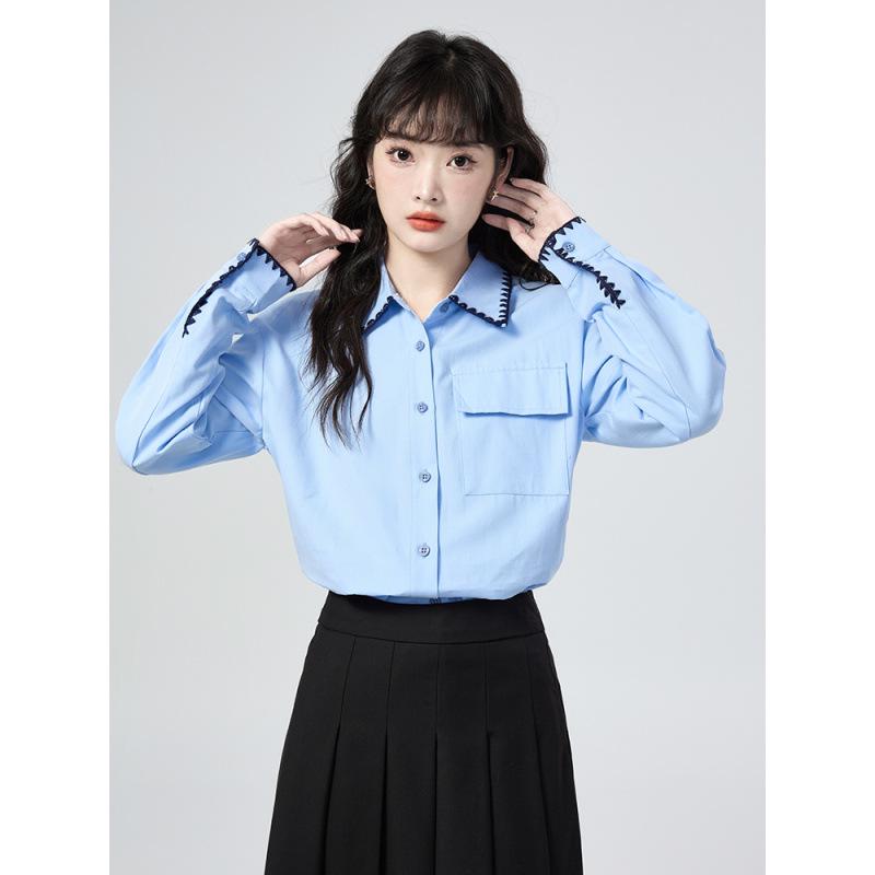 Elegant Blue Polo Collar Slimming Women's Long-Sleeve Shirt - 2026 Early Spring Arrival