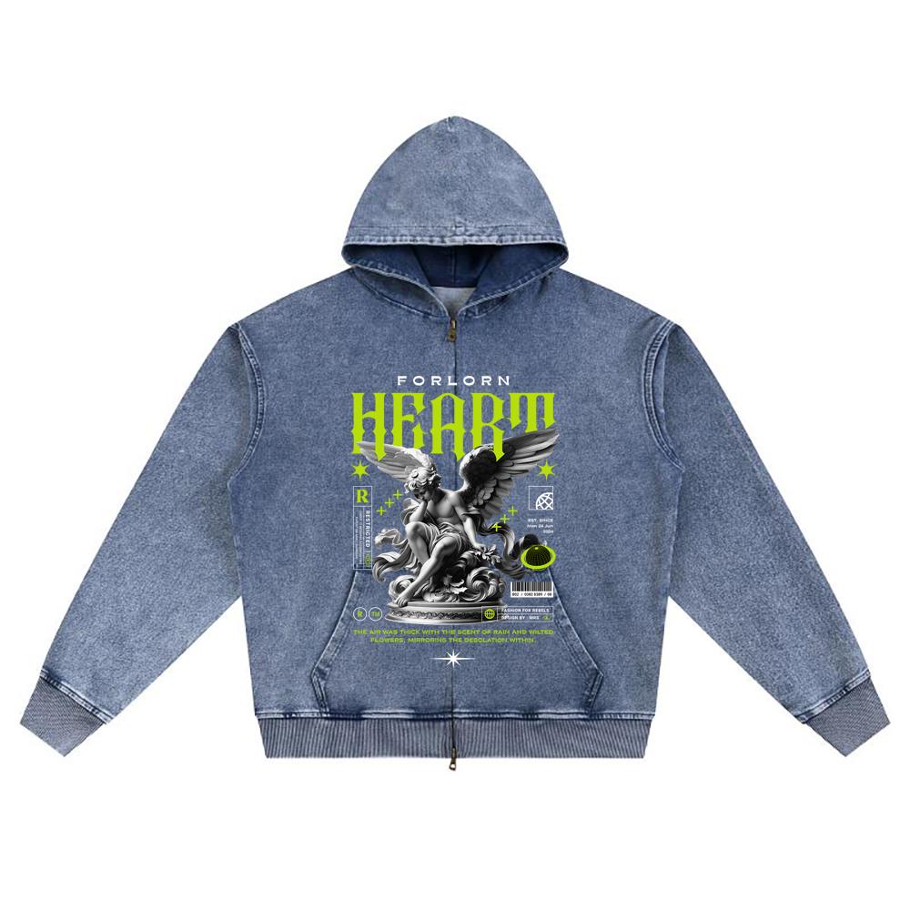 DTG print Knitted Denim Zip-Up Hoodie Angel Streetwear Brother Print Zipper Hoodies