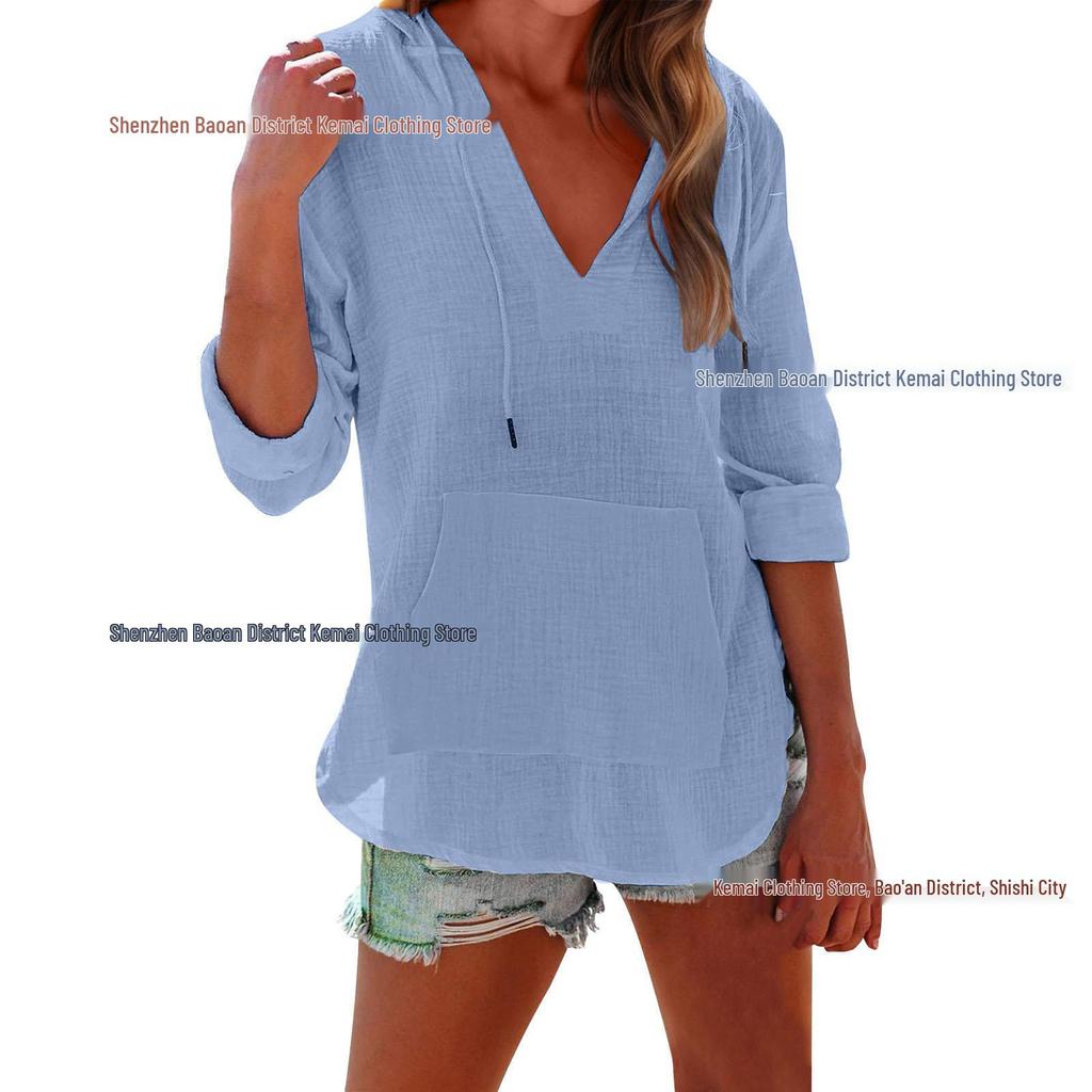 European & Asian 2025 Spring/Summer Women's V-Neck Long Sleeve Beach Hoodie with Pocket