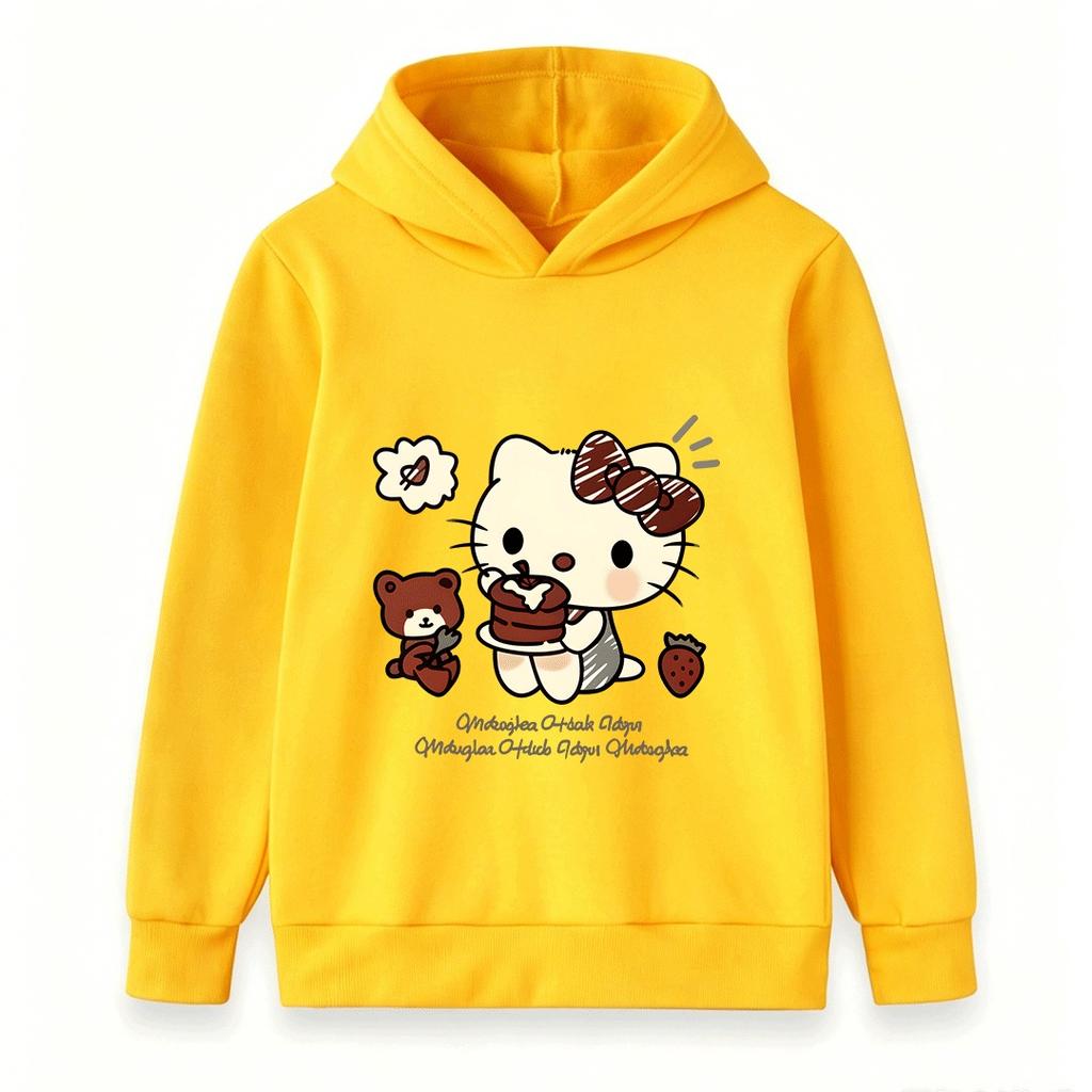 Kids Boys Girls Hooded Pullover Sweatshirt Cute Cartoon Cat Print Chocolate Cake Bear Strawberry Casual Soft Loose Hoodie for Toddlers